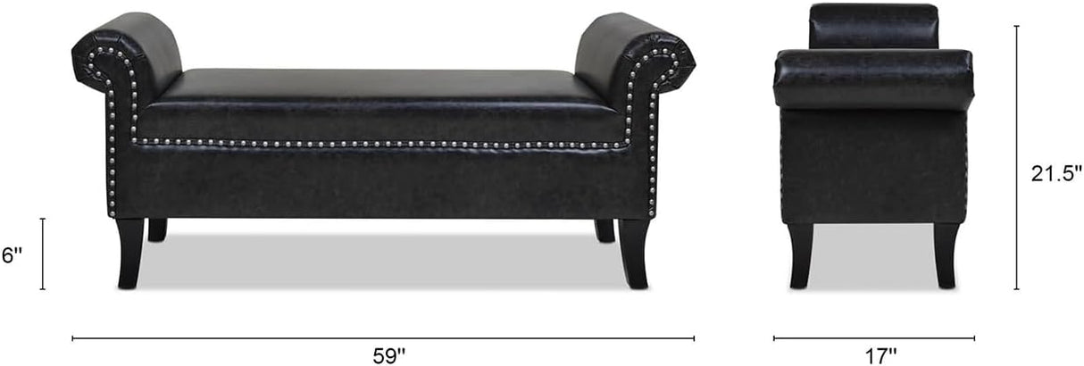 Jennifer Taylor Home Kathy Roll Arm Entryway Accent Bench, Vintage Black Brown Faux Leather