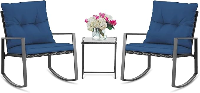 3 Piece Outdoor Rocking Bistro Set Black Wicker Furniture Porch Chairs Conversation Sets with Glass Coffee Table, Beige