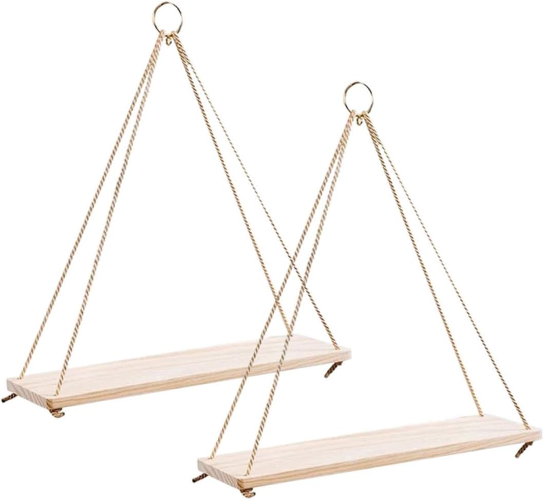 Hanging Flower Pot Storage Rack Wooden Sling Shelf Ropes for Home Wall Decor