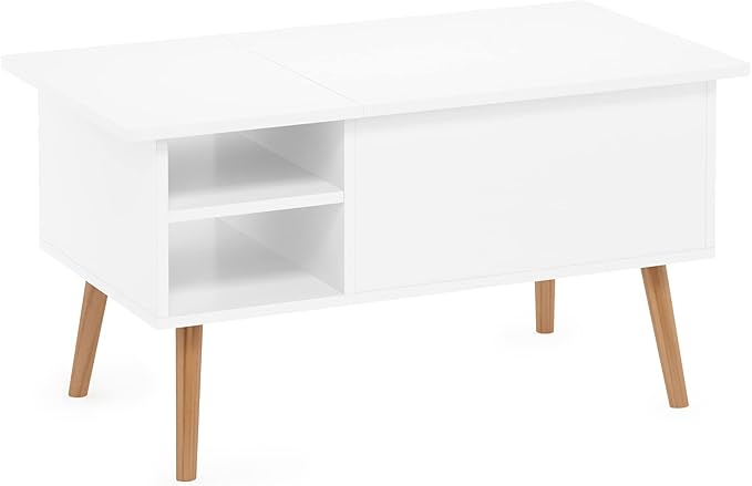 Jensen Wooden Leg Lift Top Coffee Table with Hidden Compartment and Side Open Storage Shelf