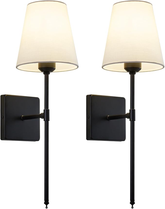Wall Sconces Sets of 2, White Fabric Shades Wall Sconces, Hardwired Retro Industrial Wall