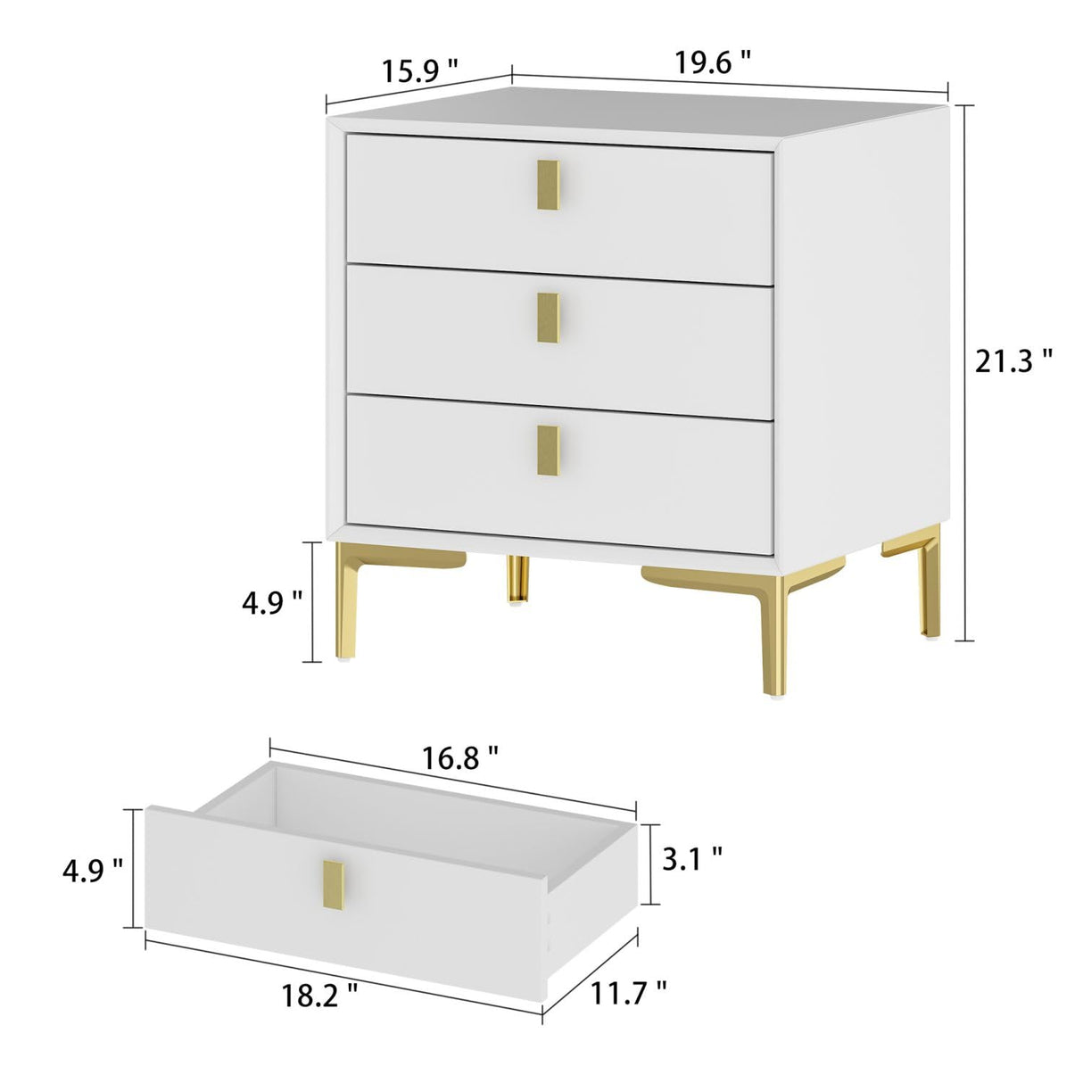 Modern Nightstand Set of 2, End Table Bedside Table with Gold Metal Legs, Gold Metal