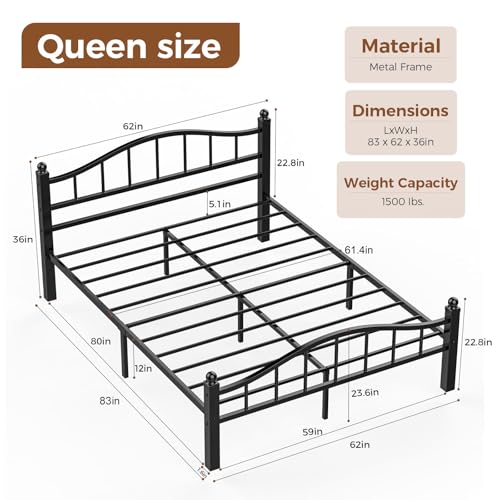 Queen Bed Frame with Headboard - Heavy Duty Metal Platform with Storage