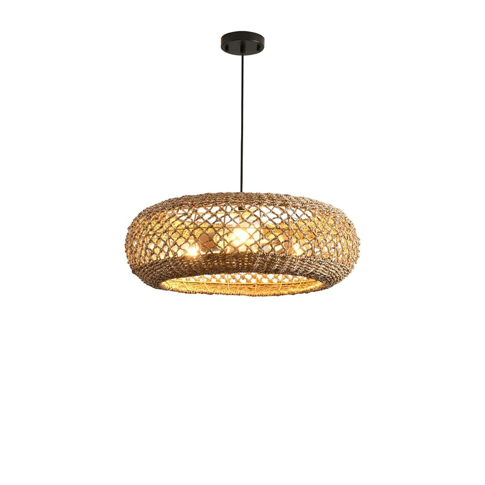 Chinese Elegant Zen Grass Rattan Color Pendant Light Rattan Round Hanging Lamp E26/E27 Lamp Base Diameter 19.7in Chandeliers