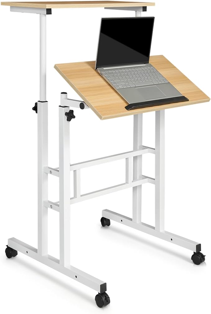 Collection Height Adjustable Rolling Desk Mobile Portable Laptop Stand Cart Small Sit Standing Desk Computer Table Workstation for Home Office, Black