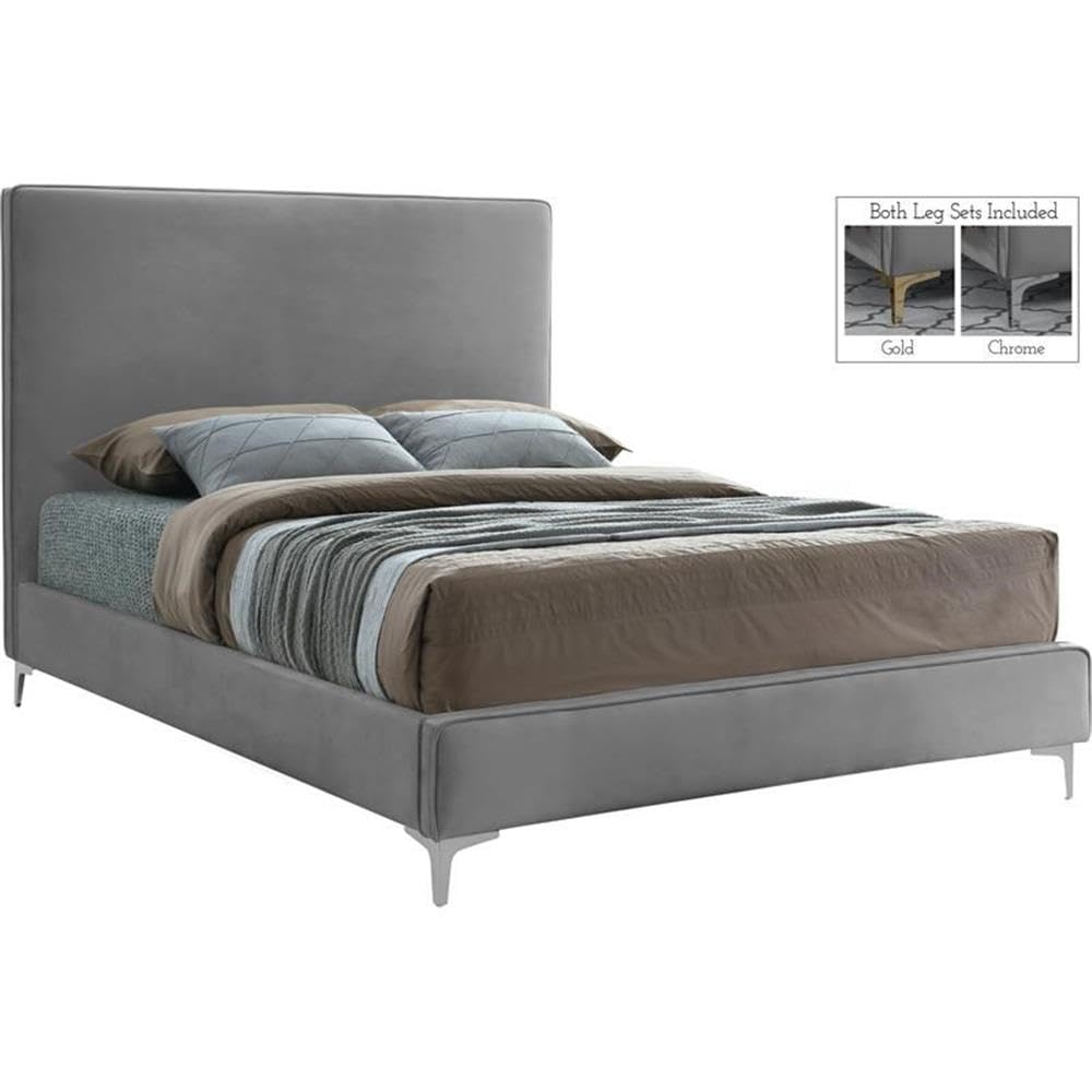 Meridian Furniture Geri Collection Modern | Contemporary Velvet Upholstered Bed with Piping on Headboard and Foorboard in Gold or Chrome Finish, Queen, Grey
