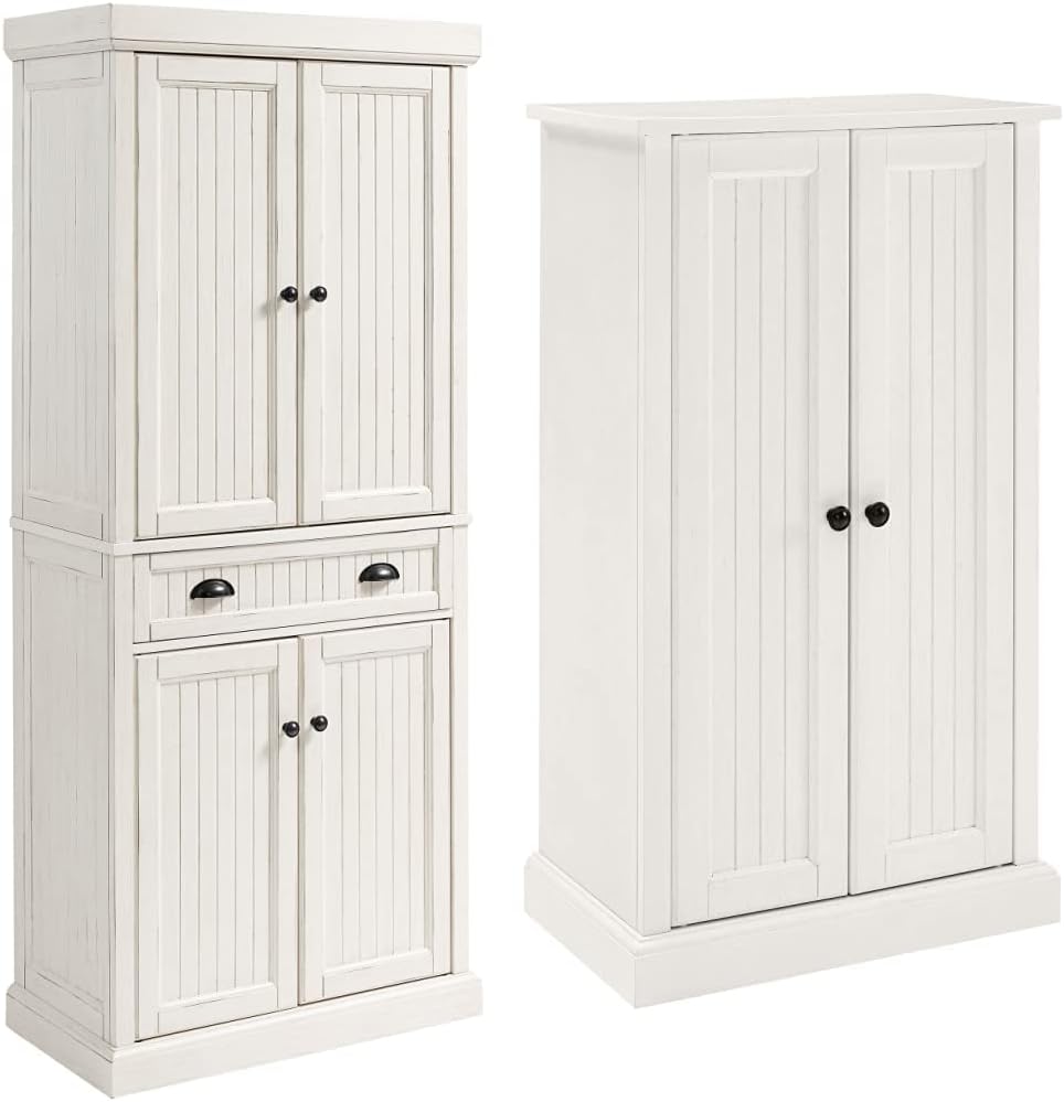 Seaside Kitchen Pantry Cabinet and Accent Cabinet Bundle - Distressed White