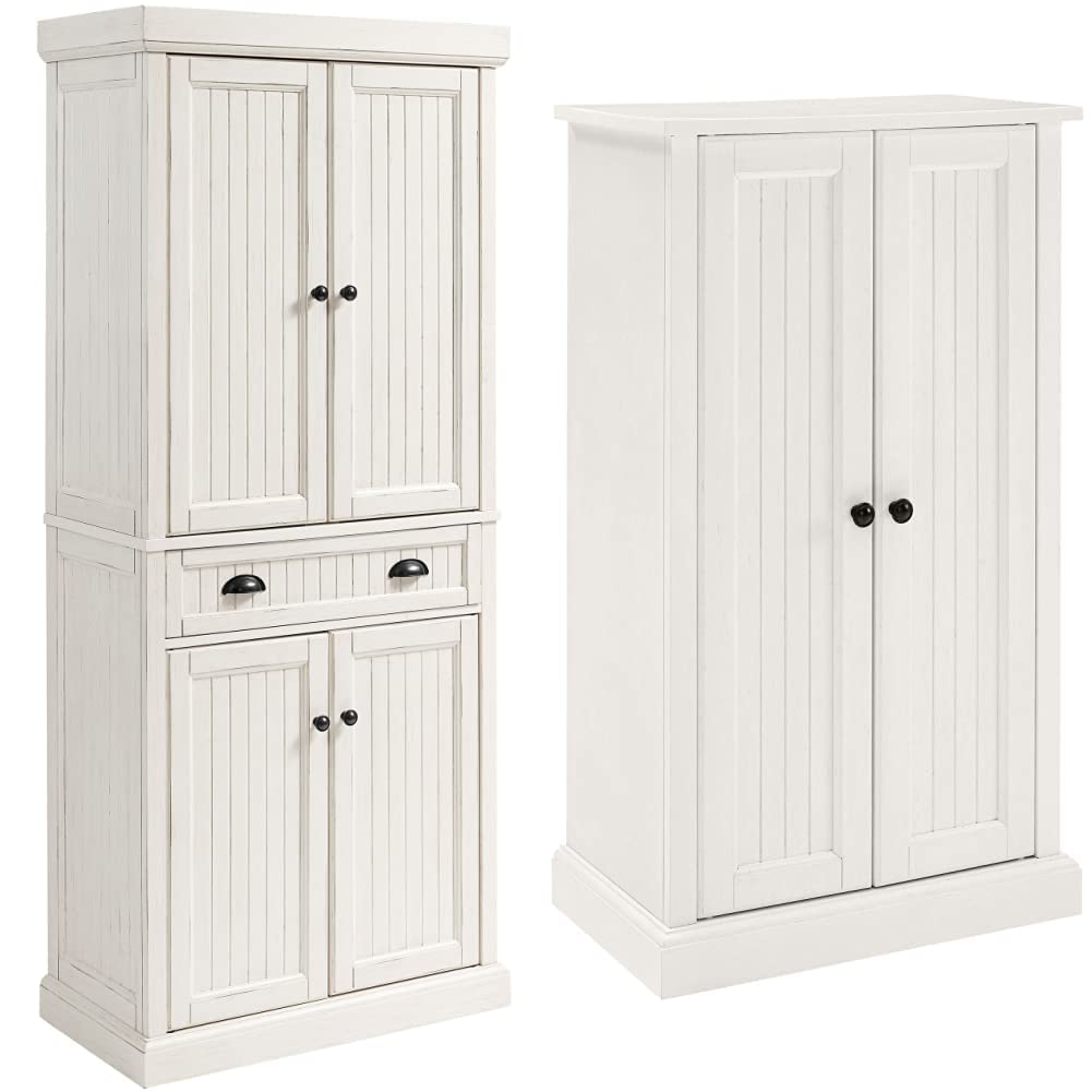 Seaside Kitchen Pantry Cabinet and Accent Cabinet Bundle - Distressed White