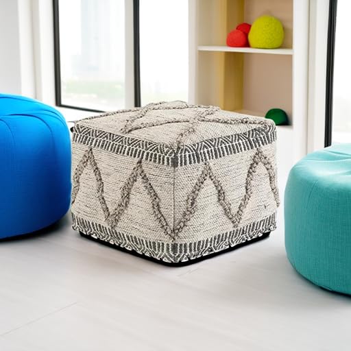 Sweeney Boho Square Pouf in Grey, Natural Handloom Woven Pattern for the Living Room