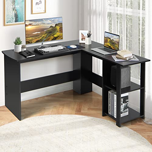 Shaped Computer Desk, Corner Desk for Small Space, Laptop Workstation with 2-Tier Open Shelf & 2 Cable Management Holes