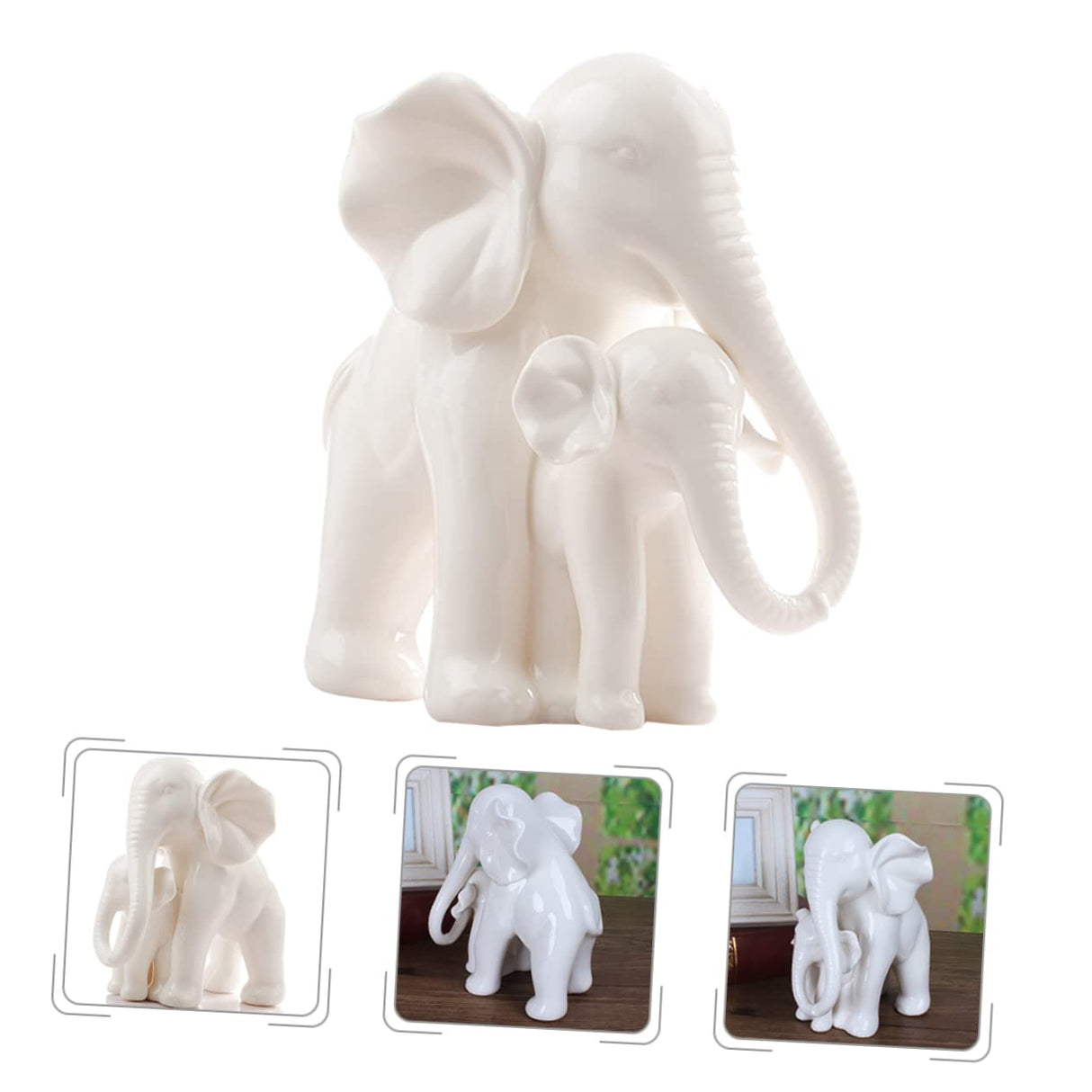 White Porcelain Mother Child Elephant Statue Lifelike Baby Elephant Figurine Elephant