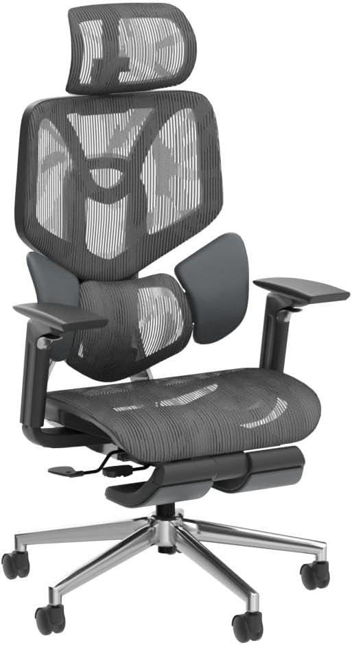 Office Chair with Elastic Adaptive Lumbar Support, High Back Office Chair with High-Density Mesh, Backrest Height Adjustable Desk Chair with 3D Armrests and Footrest, Black