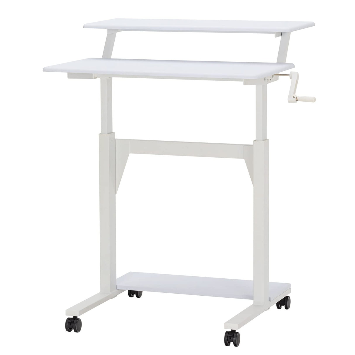 Crank Adjustable Height Desk, 2-Tier Mobile Sit-to-Stand, White Top/White Frame, Modern Design, 15.75x31.5in, 29.5-46.7in, 40lbs, 125lbs Capacity