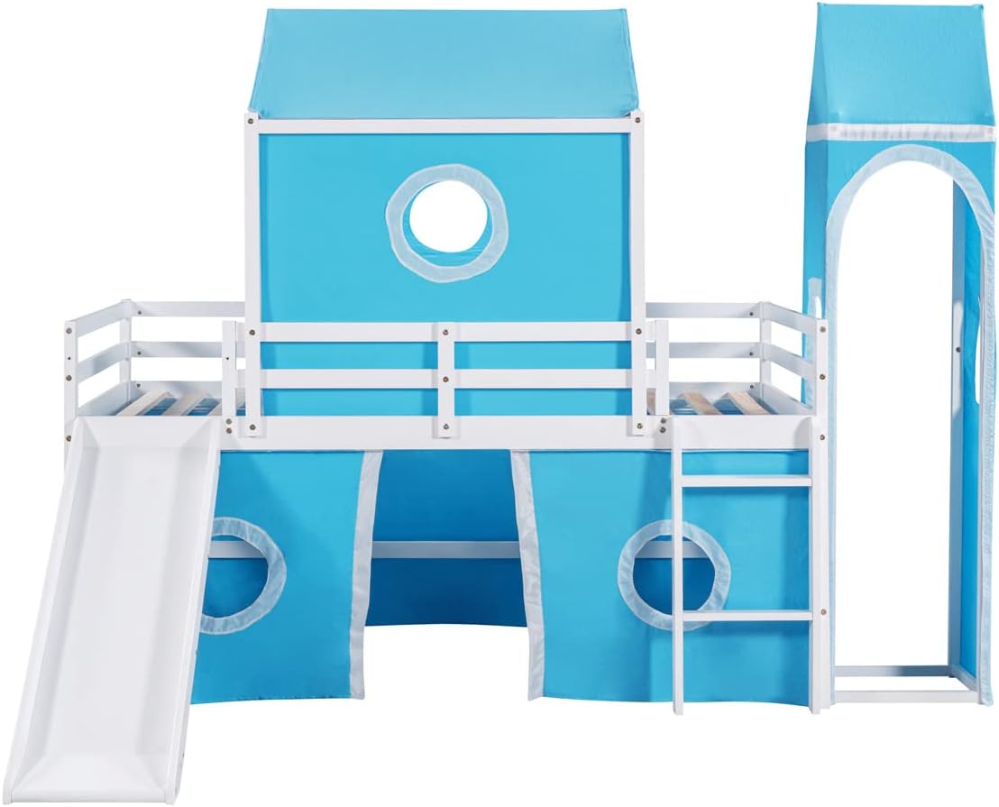 Playhouse Loft Bed,Twin Size House Bunk Bed with Slide Tent and Tower,Solid Wood Bunk Bed Frame with Roof Design and Fence Shaped Guardrails,Castle-Shaped Bunk Bed for Boys Girls,Blue