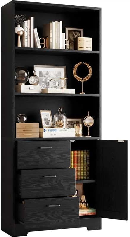 Bookshelf with Door and 3 Drawers, 71in Tall Bookcase Shelf with 3-Tier Shelves