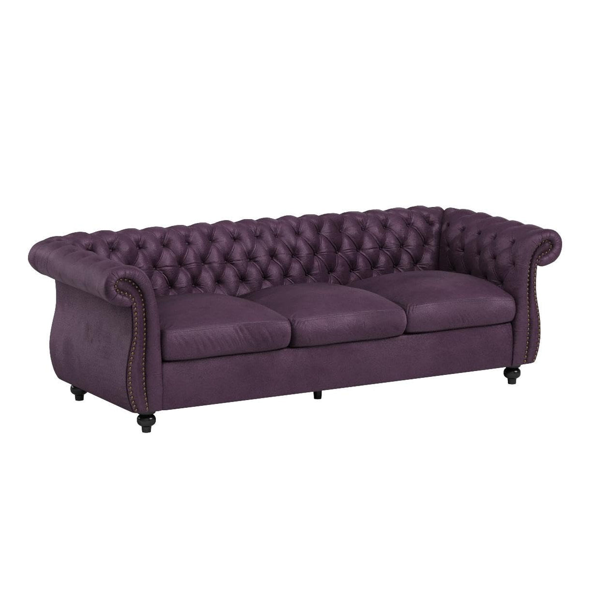 Tufted Jewel Toned Velvet Sofa with Scroll Arms, BlackBerry