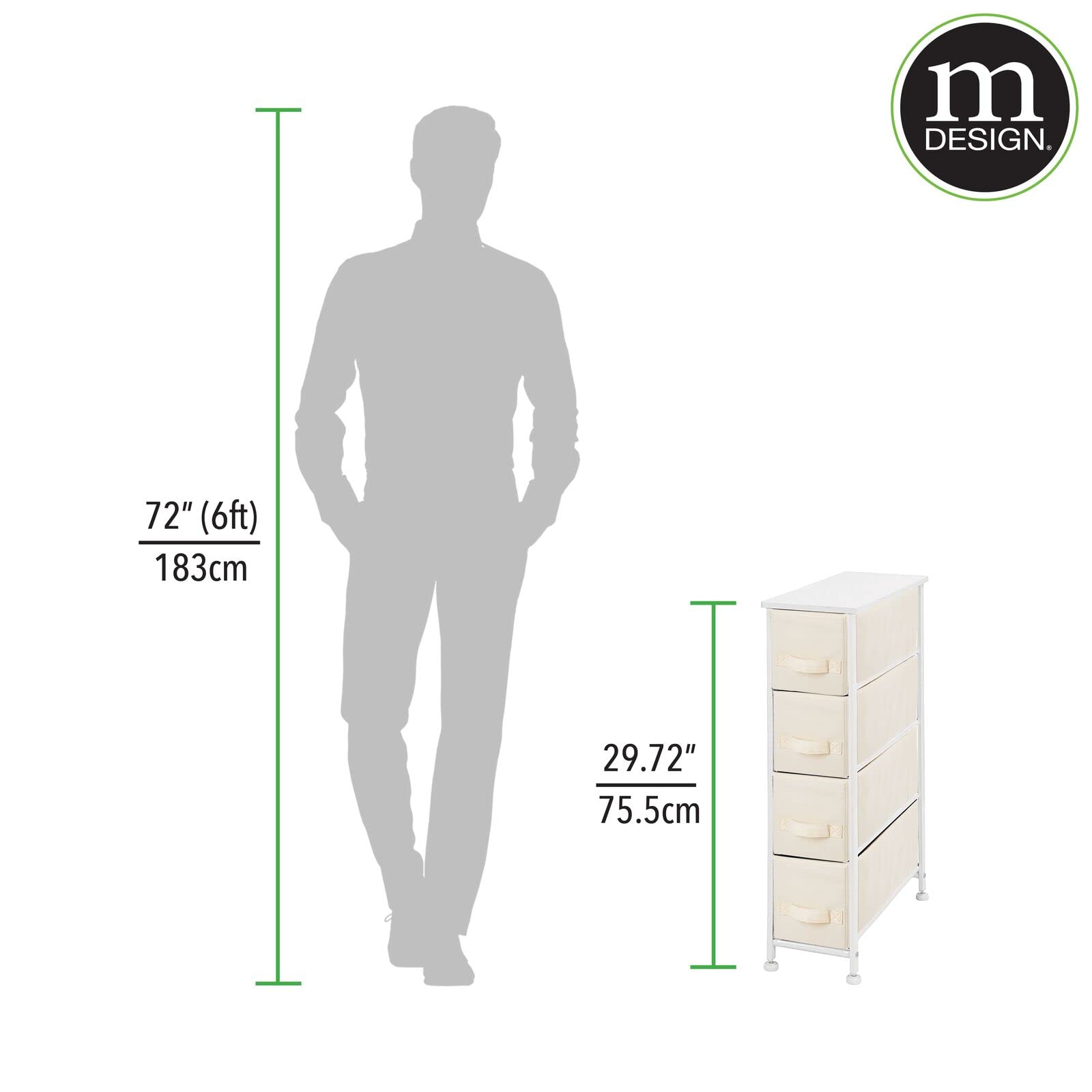 mDesign Narrow Dresser Storage Tower Stand with 4 Removable Fabric Drawers - Steel Frame, Wood Top Organizer for Bedroom, Entryway, Closet - Jane Collection - Cream/White