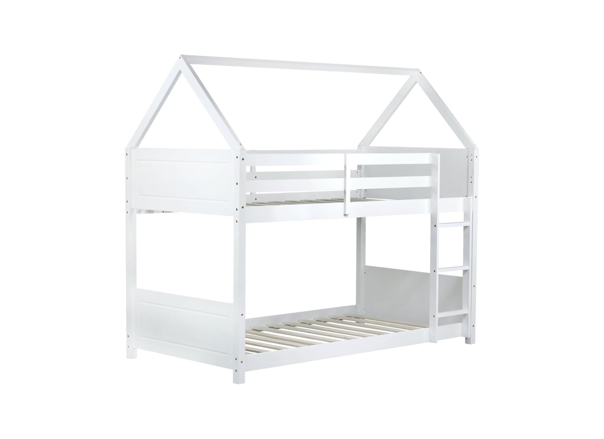 Twin Over Twin House Floor Bunk Bed, Wooden Bunk Bed with Headboards, Footboards, Guardrails and Ladder, Space-Saving Design, Safety Guaranteed, White