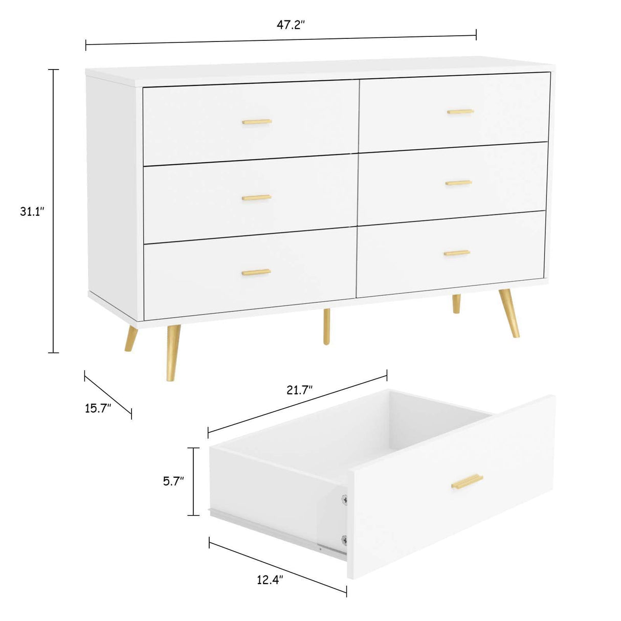 White Dresser, 6 Drawer Dresser for Bedroom with Wide Drawers and Metal Handles