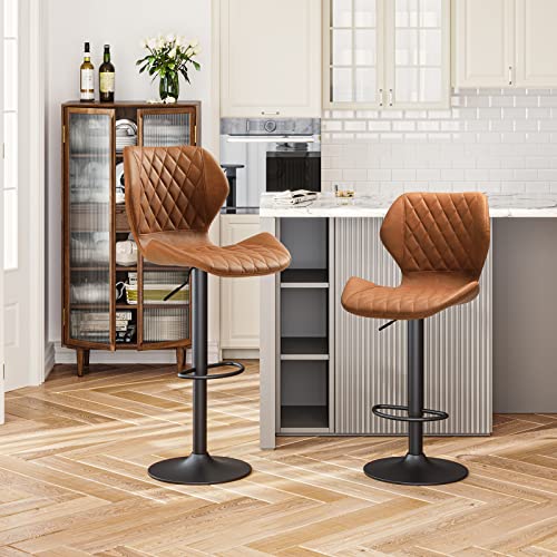 Bar stools Set of 4 Brown Leather Bar Stools, Adjustable Counter Height Barstools