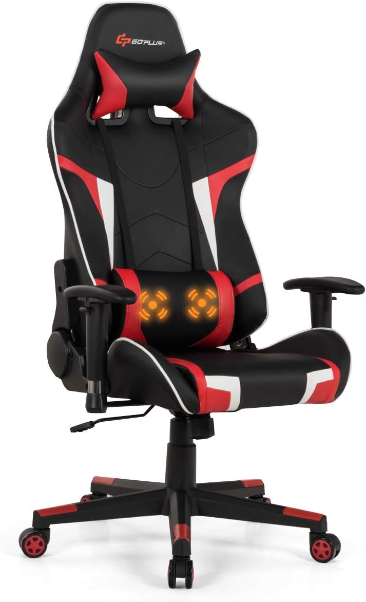 Ergonomic Gaming Chair with Massage Lumbar Support - Red PU Leather