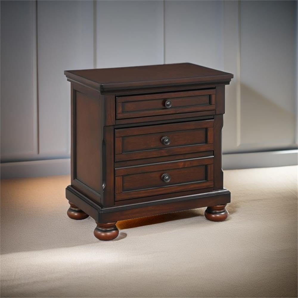 Traditional 3-Drawers Wood Bedside Nightstand in Brown Cherry