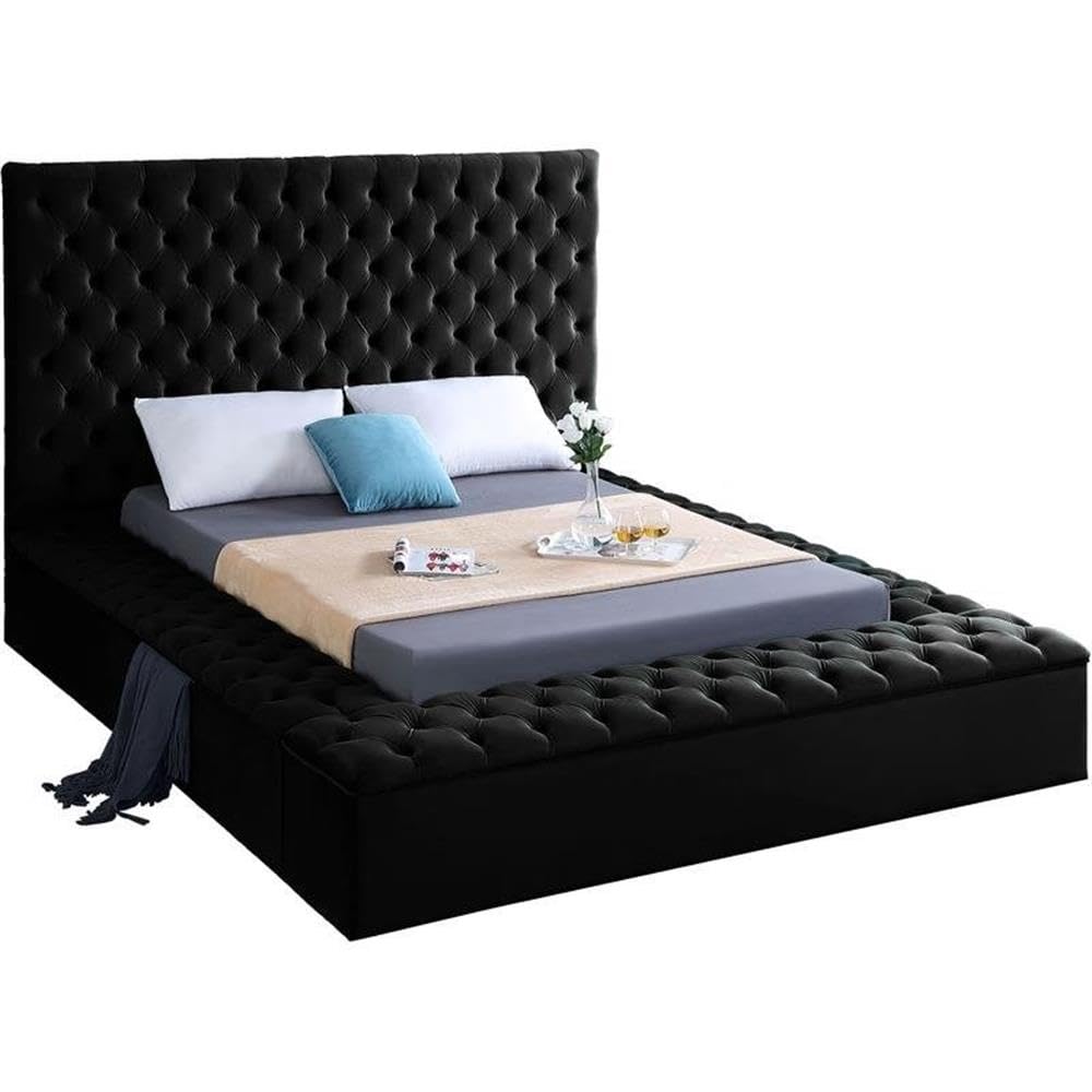 Modern Solid Wood Tufted Velvet Queen Bed in Black
