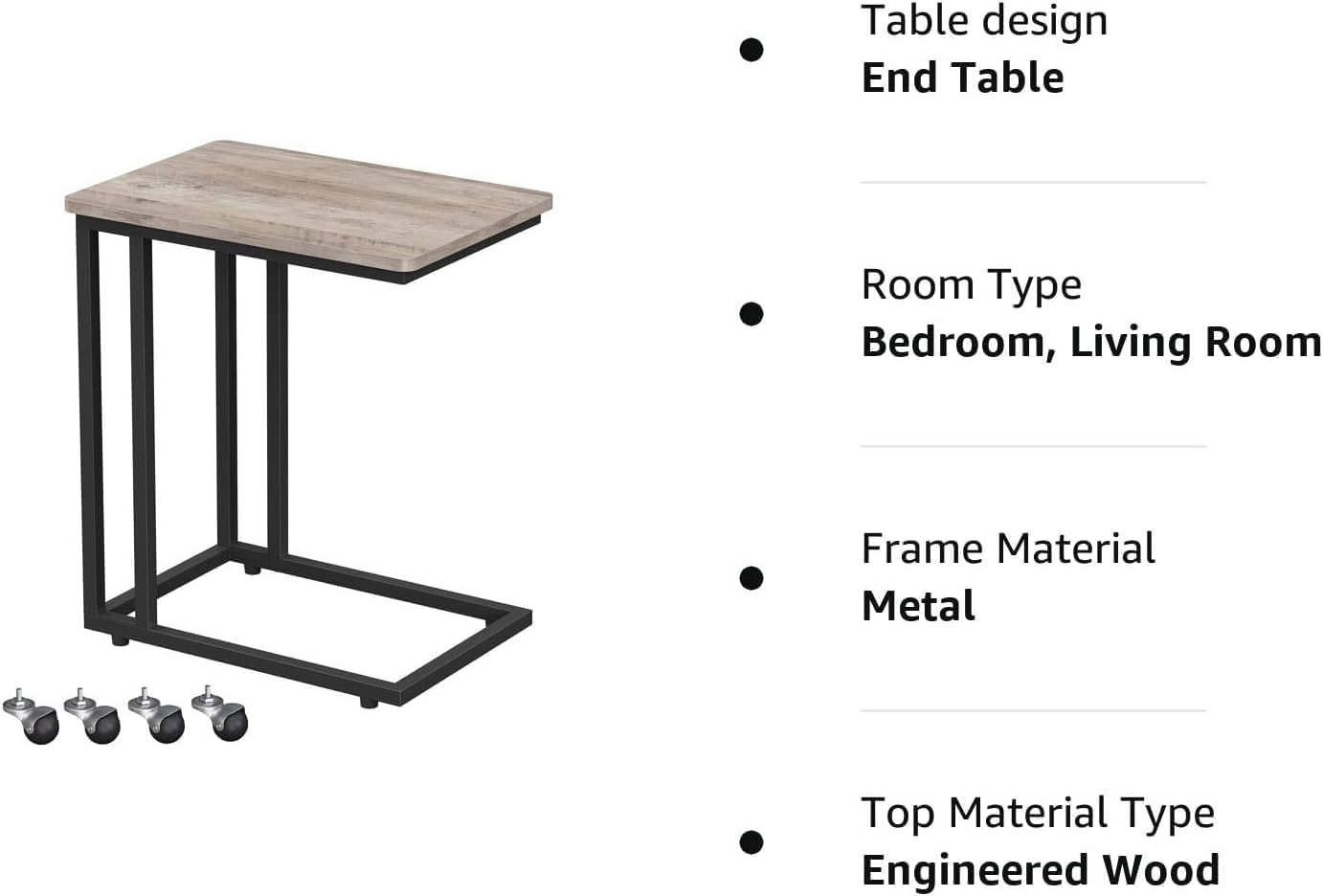 End Table, C Shaped TV Tray with Metal Frame Rolling Casters, Industrial Side Table for Living
