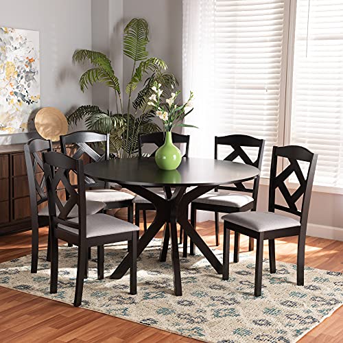 Modern Transitional Grey Fabric Upholstered and Dark Brown Finished Wood 7-Piece