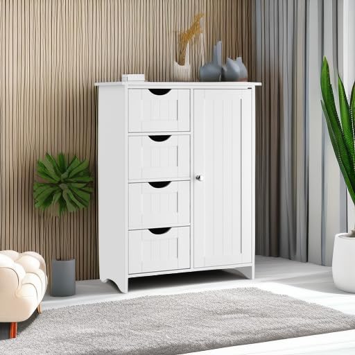 Bathroom Storage Cabinet, Floor Cabinet with 4 Drawers and 1 Adjustable Shelf