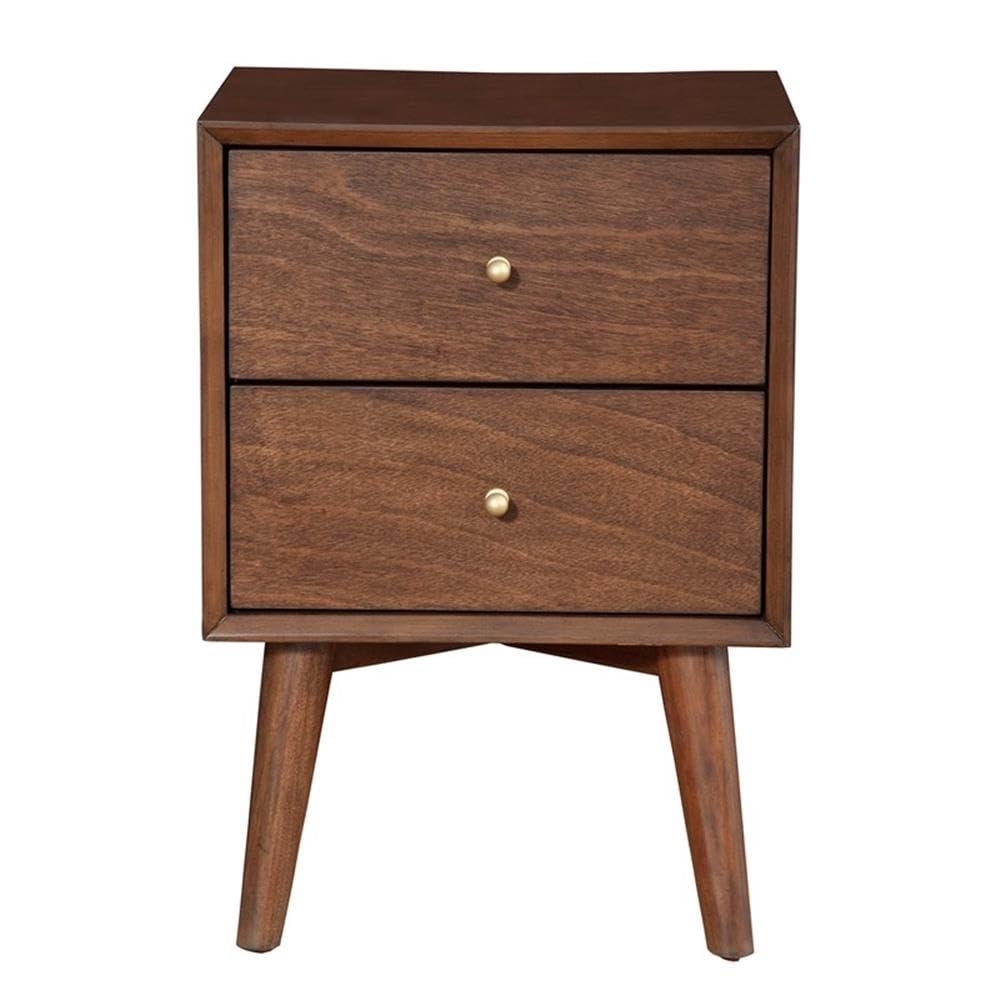 Mid Century Wood 2 Drawer Nightstand in Walnut (Brown)