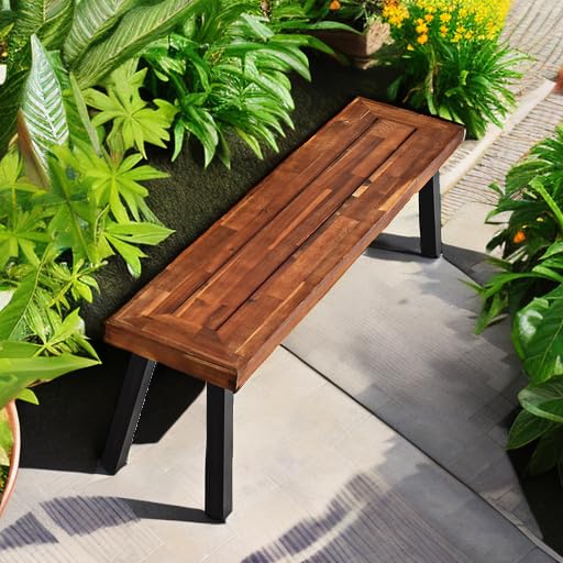 Outdoor Acacia Wood Bench, Patio Dining Bench Picnic Bench with Steel Legs
