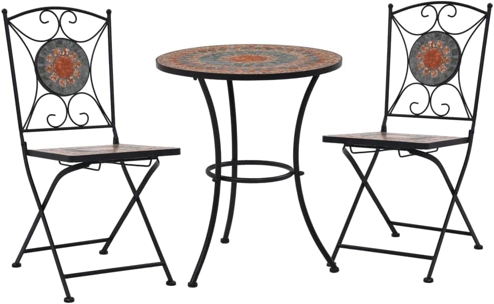 Mosaic Bistro Set 3-Piece Outdoor Patio Furniture - Terracotta Gray Orange Ceramic Tile