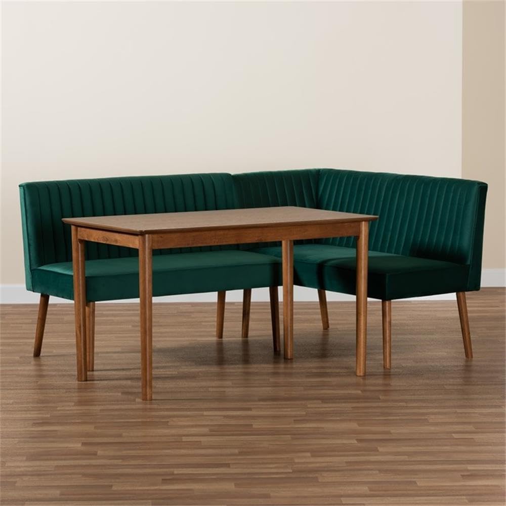 Alvis Mid-Century Modern Emerald Green Velvet Upholstered and Walnut Brown