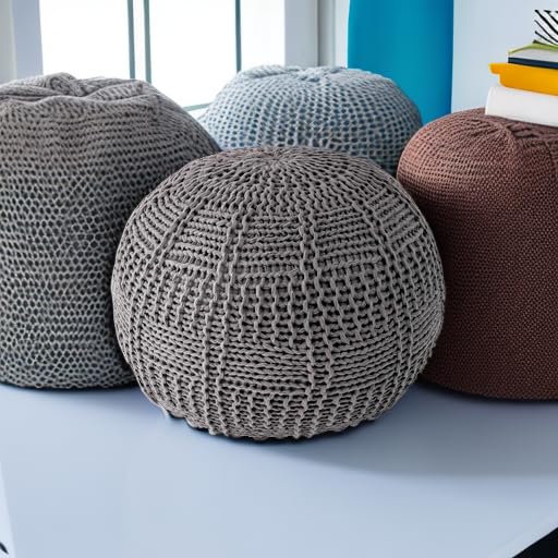 Berlin Casual Knitted Filled Ottoman Pouf 14" x 20" x 20" Grey