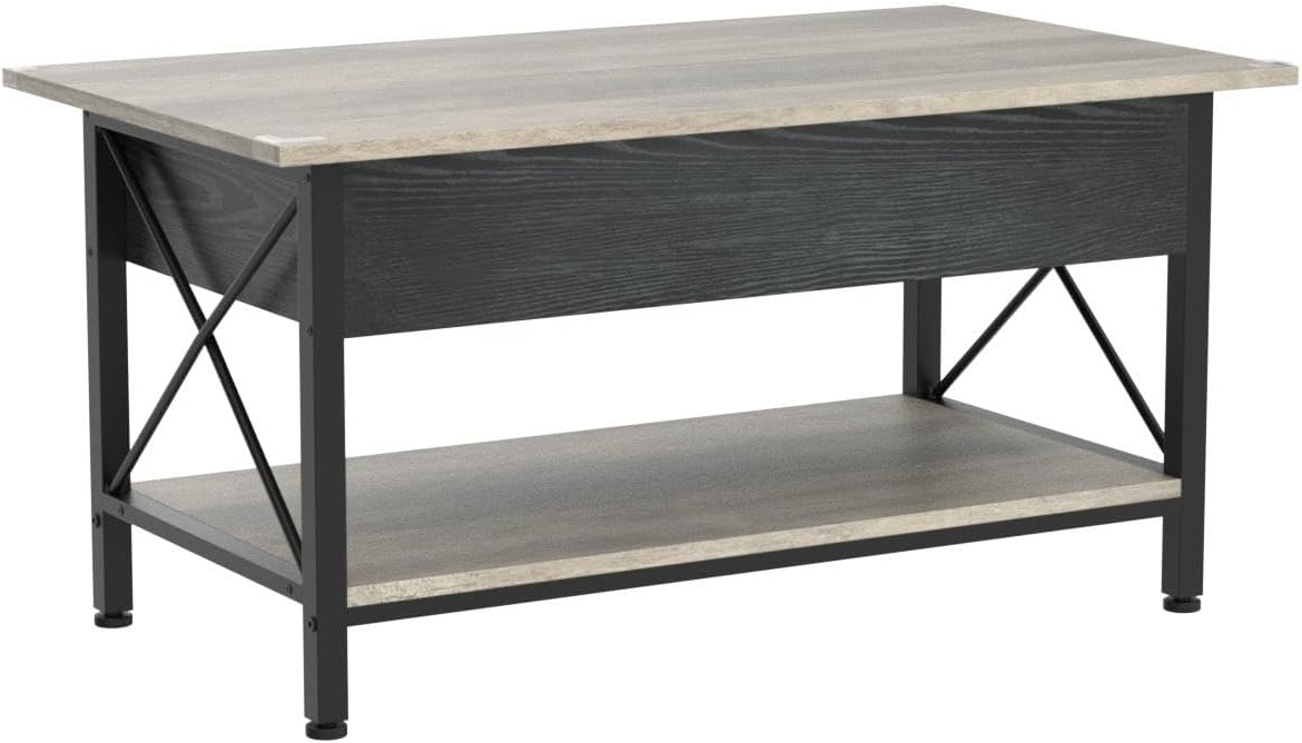 36" Lift Top Coffee Table with Free Cloth Storage Bins, Rustic Framhouse Grey Coffee Table