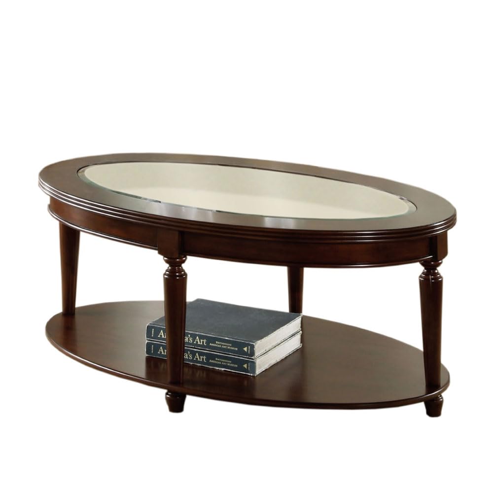 Claire Traditional Oval Tempered Glass Top Coffee, Cocktail Table, with Storage Shelf
