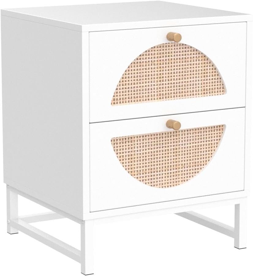 Rattan Nightstand Set of 2, Wooden End Table, Modern Side Table with 2 Storage Drawer,