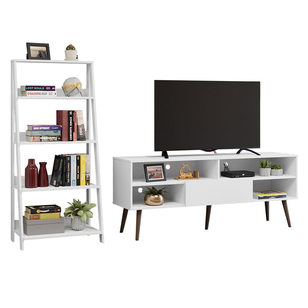 TV Stand with 1 Door and 4 Shelves + Ladder Shelf Standing Bookcase - White