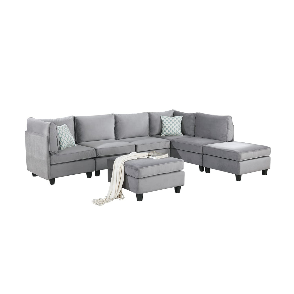 7 Piece Velvet Modular Sectional Sofa with Ottoman, Grey