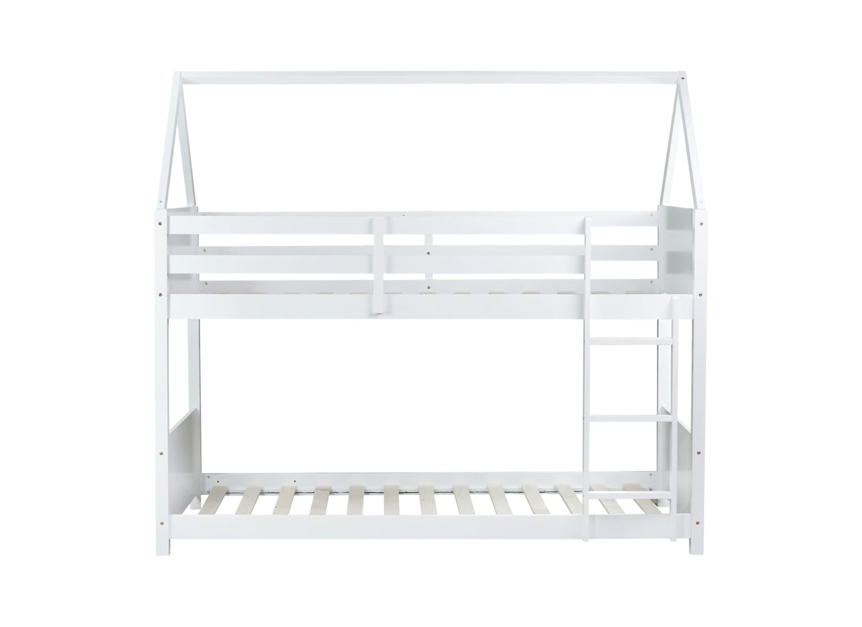 Twin Over Twin House Floor Bunk Bed, Wooden Bunk Bed with Headboards, Footboards, Guardrails and Ladder, Space-Saving Design, Safety Guaranteed, White