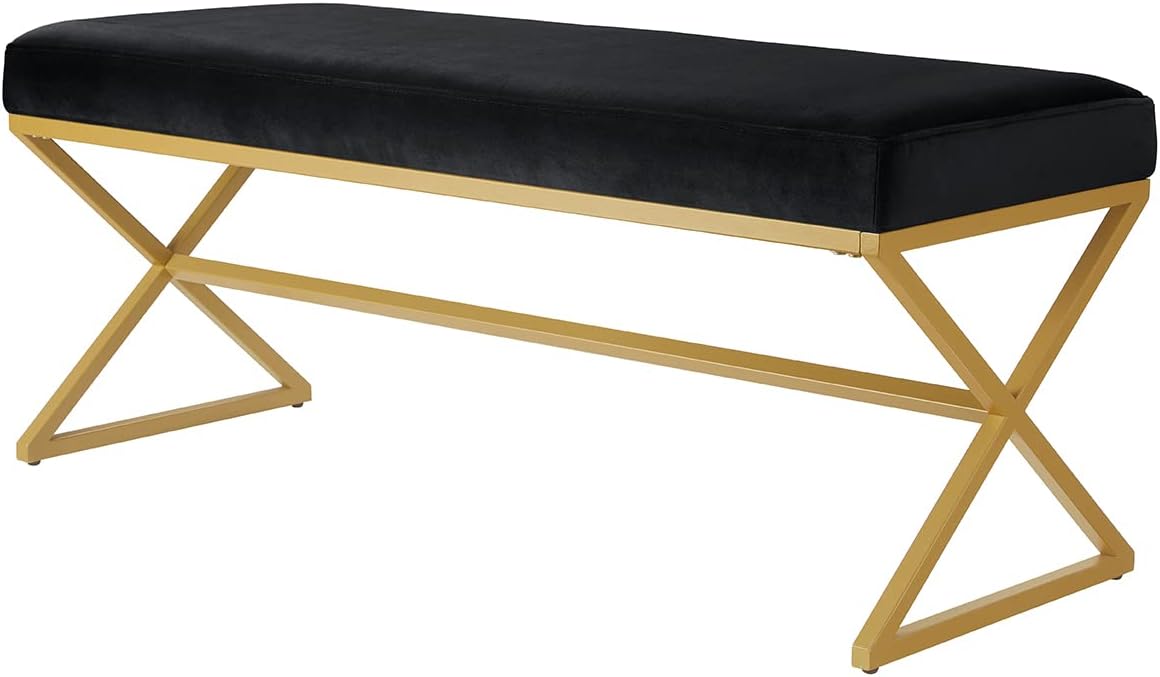Velvet Upholstered Entryway Bench with Metal Leg, Padded Bedroom Bench