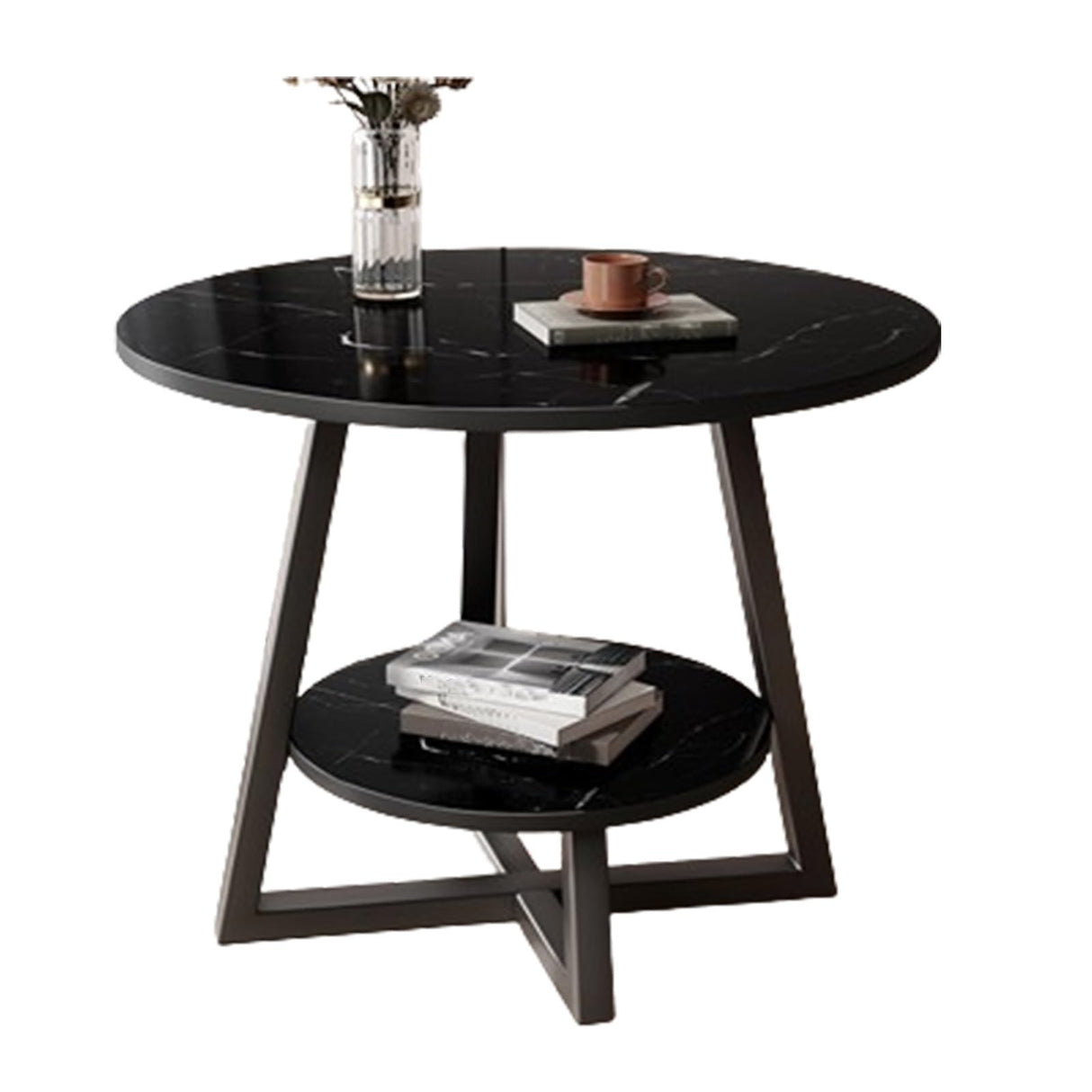 Modern Round Coffee Table with Cross Metal Frame and Density Board Desktop