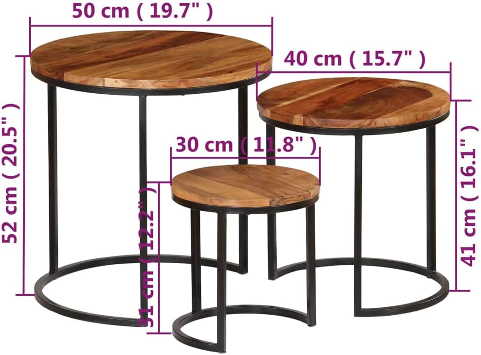 Solid Acacia Wood Coffee Table Set with Sheesham Finish - Fully Assembled 3-Piece