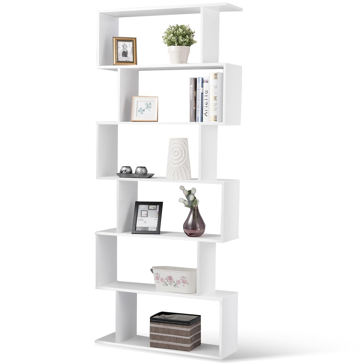 Tangkula 6-Tier Geometric Bookcase, Modern S-Shaped Storage Display Bookshelf for Living Room, Anti-Toppling Device, Home Office Wooden 6 Shelf Open Bookcase (1, White)