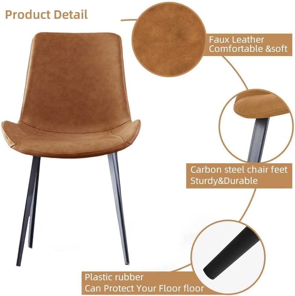 Modern Dining Chairs Set of 4 - Brown Faux Leather Upholstered with Metal Legs