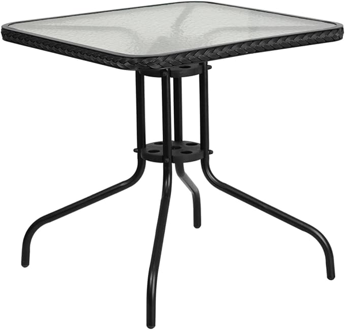 Barker 28'' Square Tempered Glass Metal Table with Dark Brown Rattan Edging
