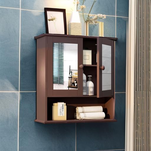 Black Medicine Cabinet, 2 Doors 3 Open Shelf, Wall Mounted Wooden Storage Cabinet