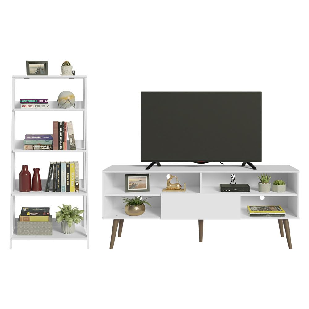 TV Stand with 1 Door and 4 Shelves + Ladder Shelf Standing Bookcase - White
