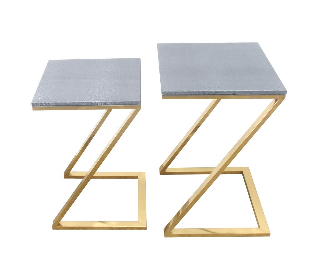 Walter Z-Leg Set of 2 Nesting Tables, Faux Shagreen in Gray with Gold Metal